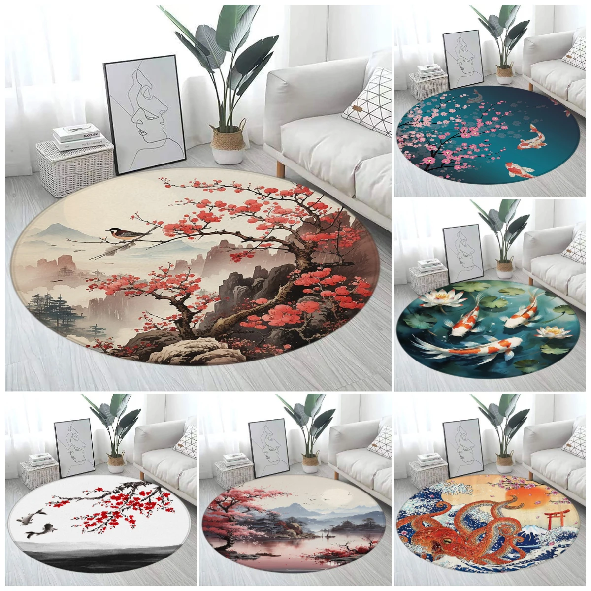 Japanese Home Textiles - Tapete redondo japonês Koi e flor